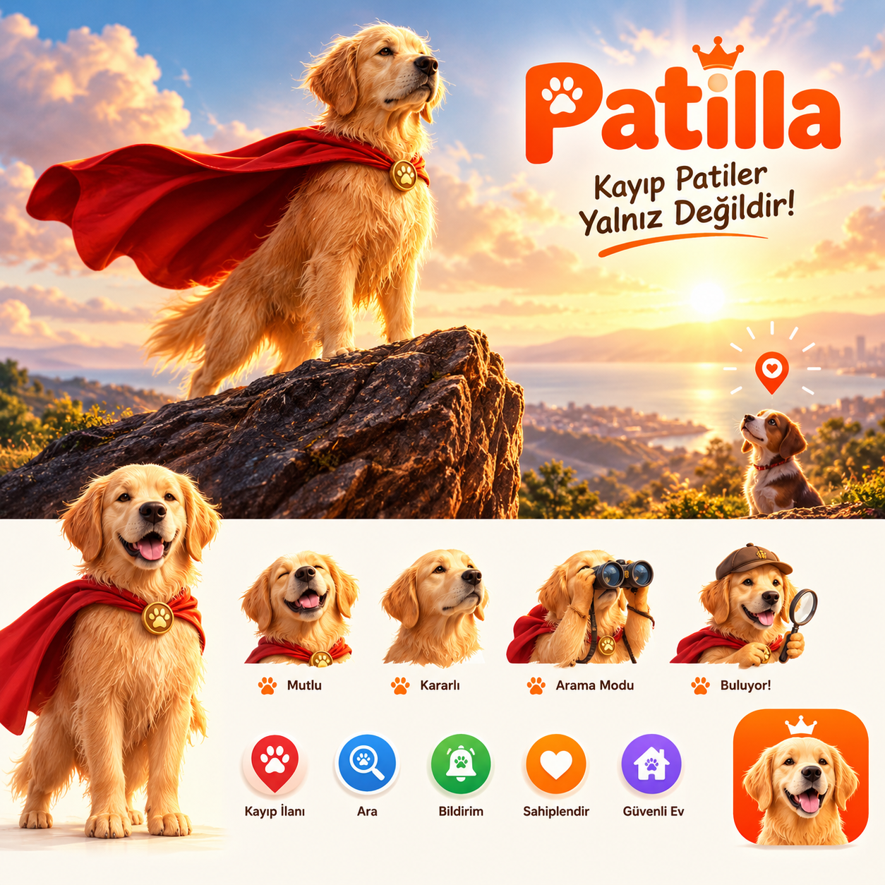 Gün batımında kırmızı pelerinli kahraman Golden Retriever Patilla